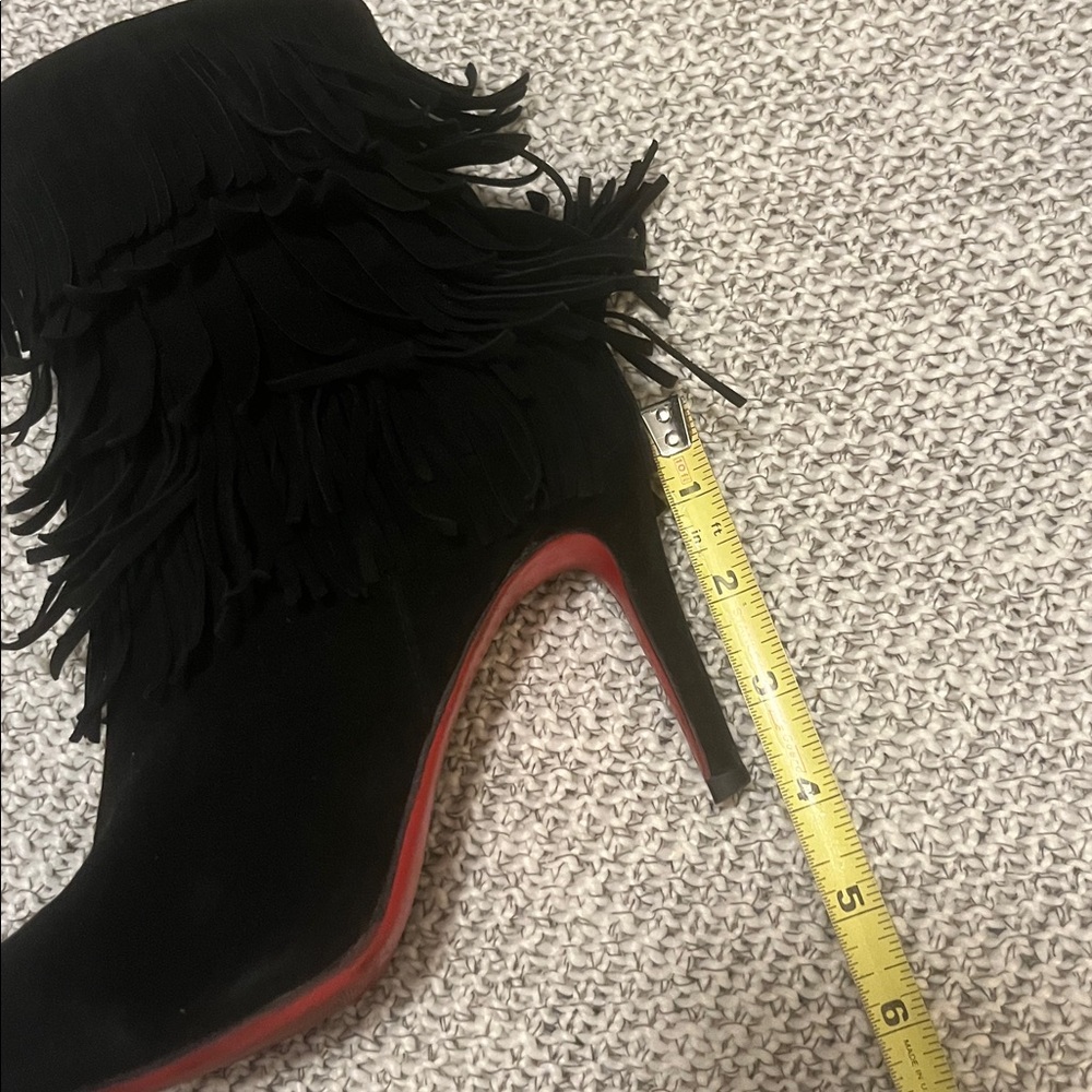 Black Suede Woman’s Pointed Toe Fringe Red Sole Stiletto Heel Ankle Booties - Picture 9 of 16